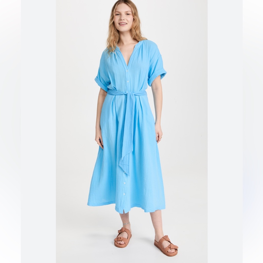 XiRENA Sky Blue Button-Front Maxi Dress with Self Tie